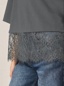 MISSGUIDED 蕾丝边饰宽松圆领半袖T恤，休闲叠穿上衣 - 灰色 - 查看 5