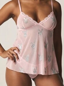 Missguided x Playboy Bộ áo hai dây và quần lót lưới in hình thỏ, có dây đeo điều chỉnh được, viền ren. - Hồng - Xem 4