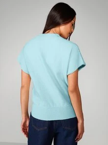 MISSGUIDED 浅蓝色短袖针织上衣，罗纹圆领和下摆细节 - 淺藍色 - 查看 2
