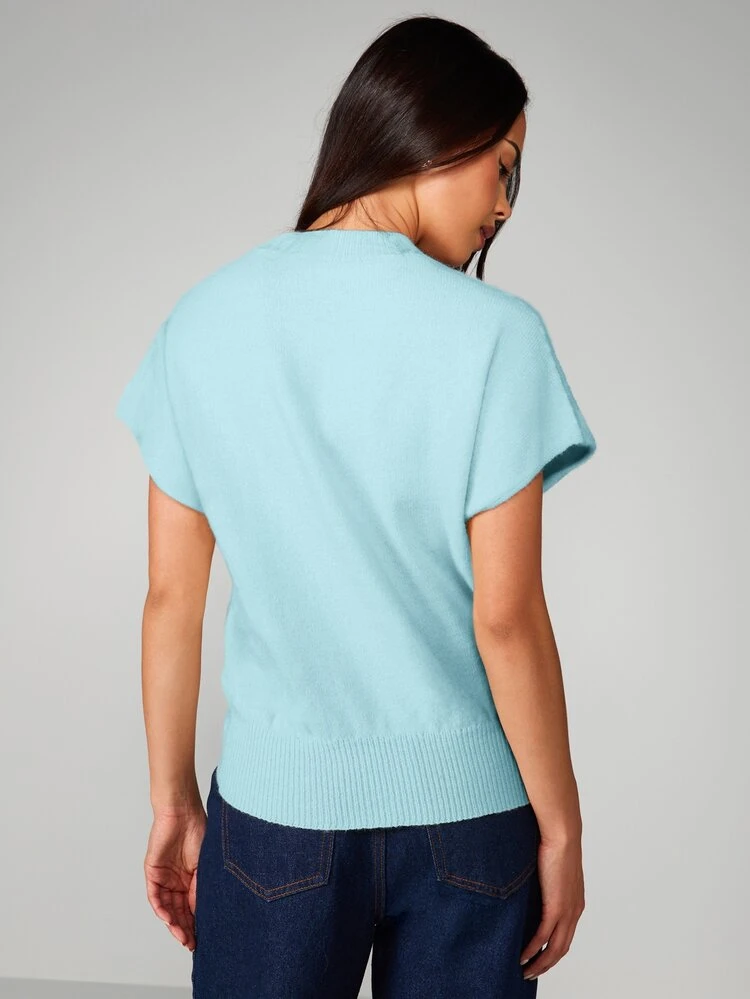 MISSGUIDED Light Blue Short Sleeve Knit Top With Ribbed Round Neckline And Hem Detail