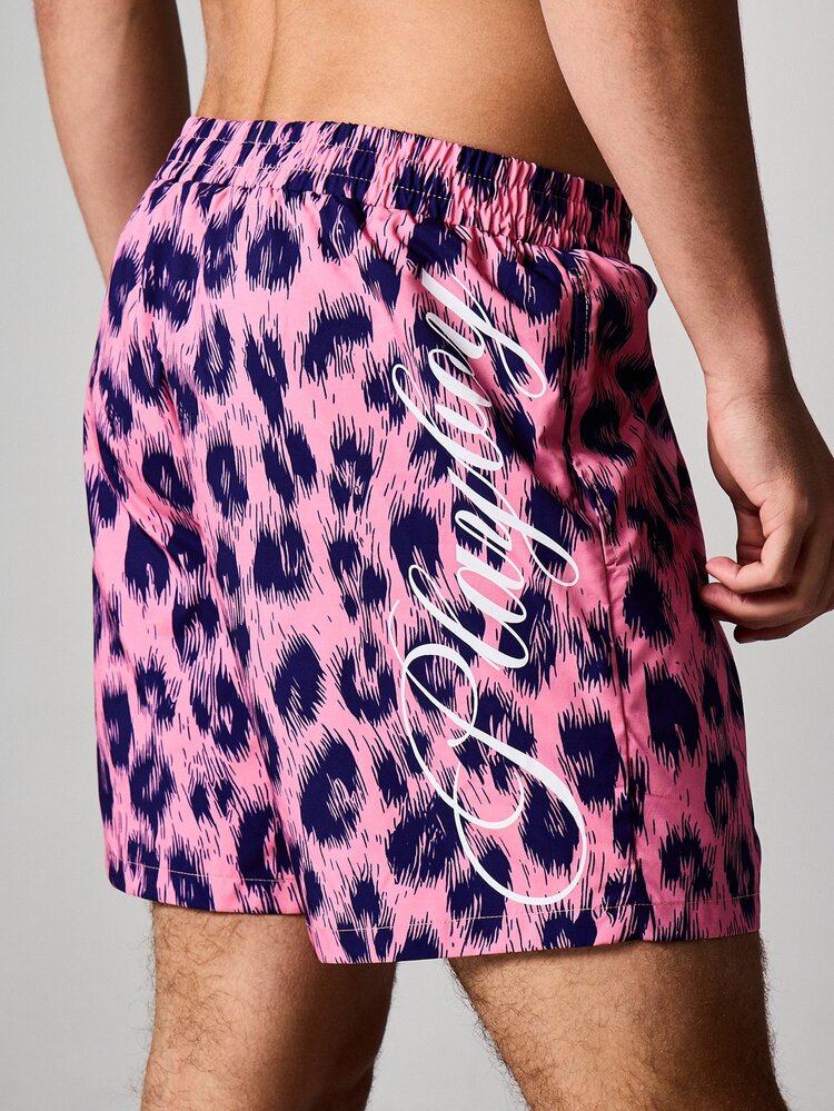 PLAYBOY X SUMWON Pink Leopard Print Board Shorts With Drawstring
