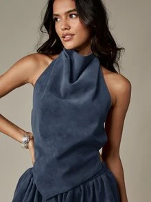 MISSGUIDED Halter Neck Coord With Draped Neckline And Bubble Hem Drop Waist Mini Two Piece Outfit - Navy Blue - View 3