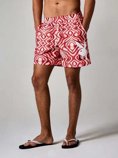 PLAYBOY X SUMWON Men Beach Swim Shorts With Red Geometric Pattern AOP Print Summer Vacation Board Trunks Elastic Waistband Mid Thigh Quick Dry Swimwear