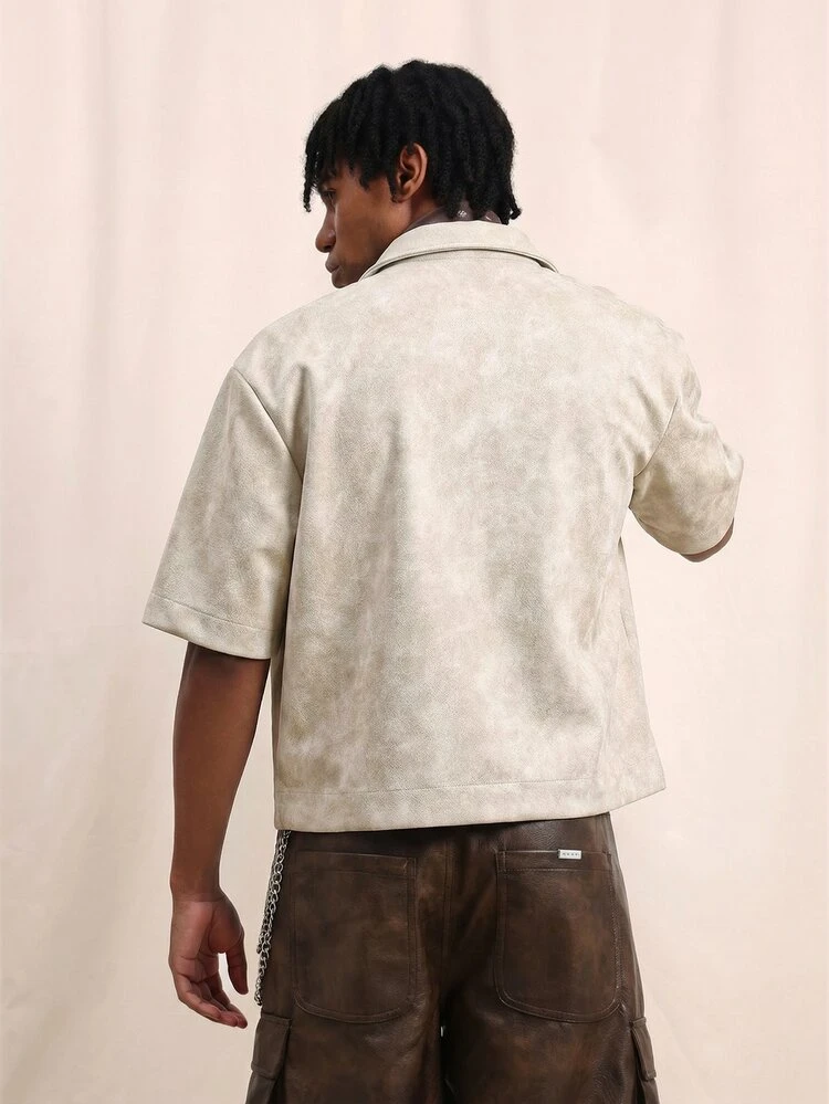 Cropped Short Sleeve Button Up Shirt With Snap Closure And Western Inspired Design Details For Casual Spring Summer Wear
