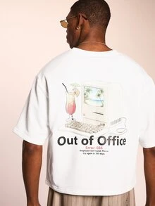 SUMWON 短款修身印花短袖圆领T恤，背面印有“Out of office”字样，夏季度假热带电脑插画图案。 - 白色 - 查看 1