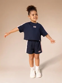 SUMWON Girls Future Icon Cropped Top And Shorts Coordinate Set With Side Stripe Detail And Statement Number Print - Navy Blue - View 7