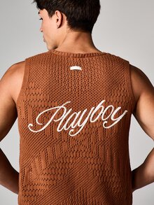 PLAYBOY X SUMWON 针织镂空毛衣背心，圆领设计，饰有字母Logo，适合假日休闲叠穿 - 棕色 - 查看 4