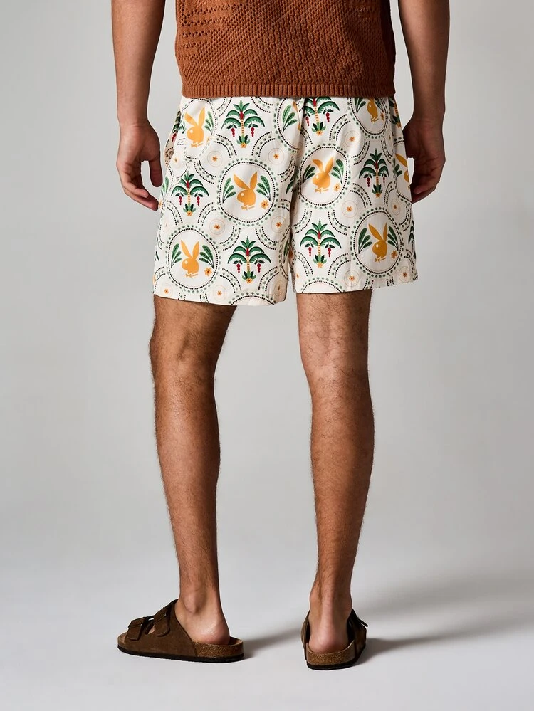 PLAYBOY X SUMWON Strand Badeshorts mit Hase Aufdruck und kreisförmigem Muster, Sommer Badehose mit elastischem Bund, Schwimmbad Urlaubsmode