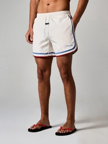 PLAYBOY X SUMWON Vintage Inspired Swim Trunks With Contrast Trim Detail Retro Style Board Shorts Summer Beach Vacation Swimming Elastic Waistband Drawstring - Apricot - View 1