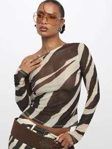 SUMWON Plus Size Off Shoulder Long Sleeve Zebra Print Top With Boat Neckline For Fall Winter Fashion - Black and White - View 4