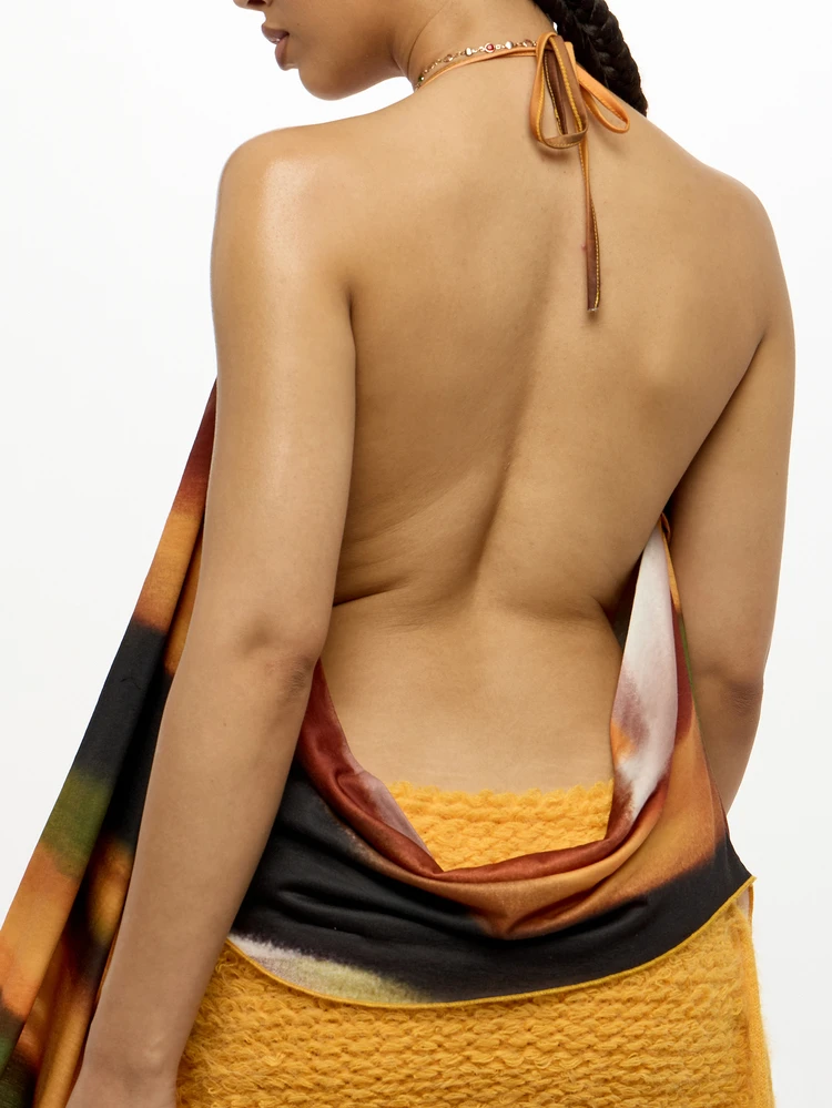 Plus Size Halter Cowl Neck Abstract Print Backless Top With Dramatic Draping Details