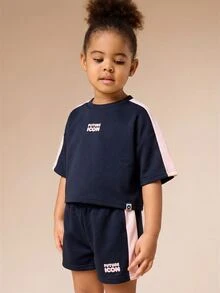 SUMWON Girls Future Icon Cropped Top And Shorts Coordinate Set With Side Stripe Detail And Statement Number Print - Navy Blue - View 6