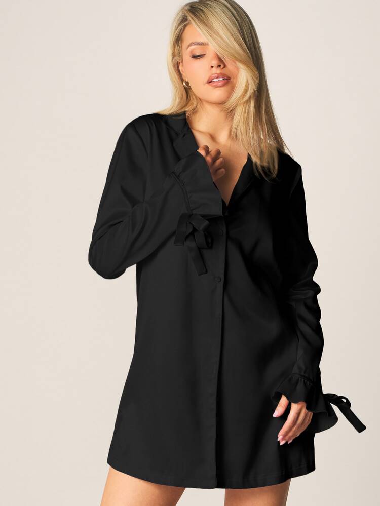 MISSGUIDED Long Sleeve Poplin Night Dress With Tie Front And Ribbon Cuff Details For Sleep And Loungewear