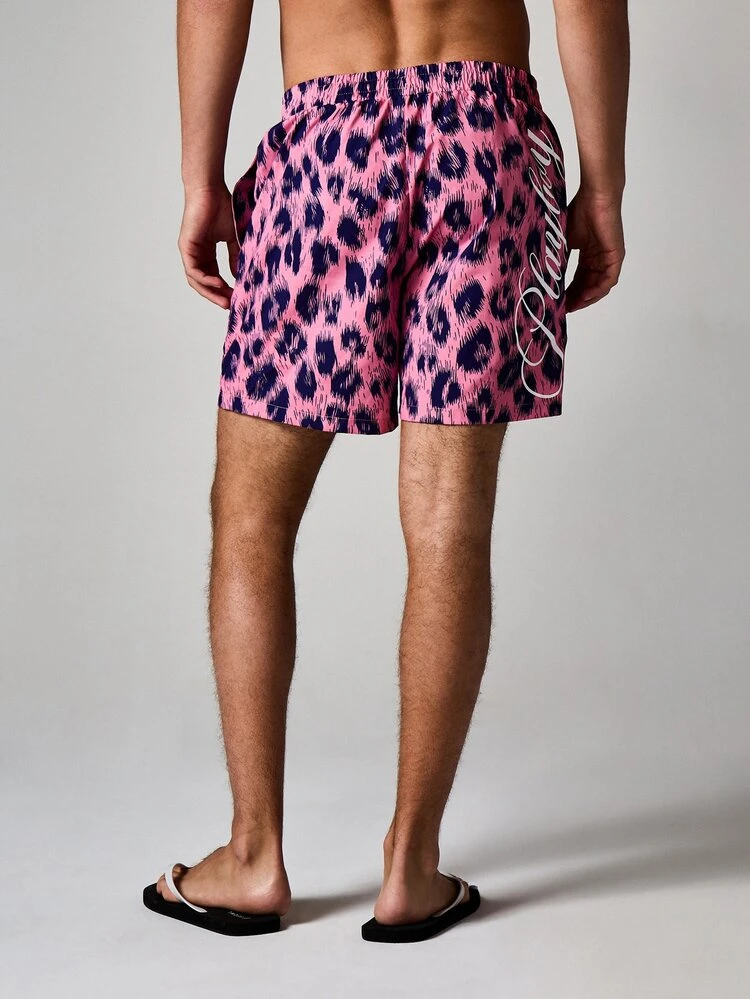 PLAYBOY X SUMWON Pink Leopard Print Board Shorts With Drawstring