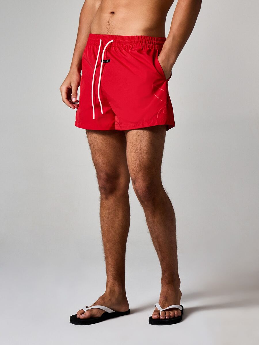 PLAYBOY X SUMWON Quần short đi biển nhanh khô với dây rút ở eo và túi bên hông, quần bơi mùa hè, quần nghỉ mát, quần thường ngày, quần cạp chun co giãn. - Đỏ - Xem 1