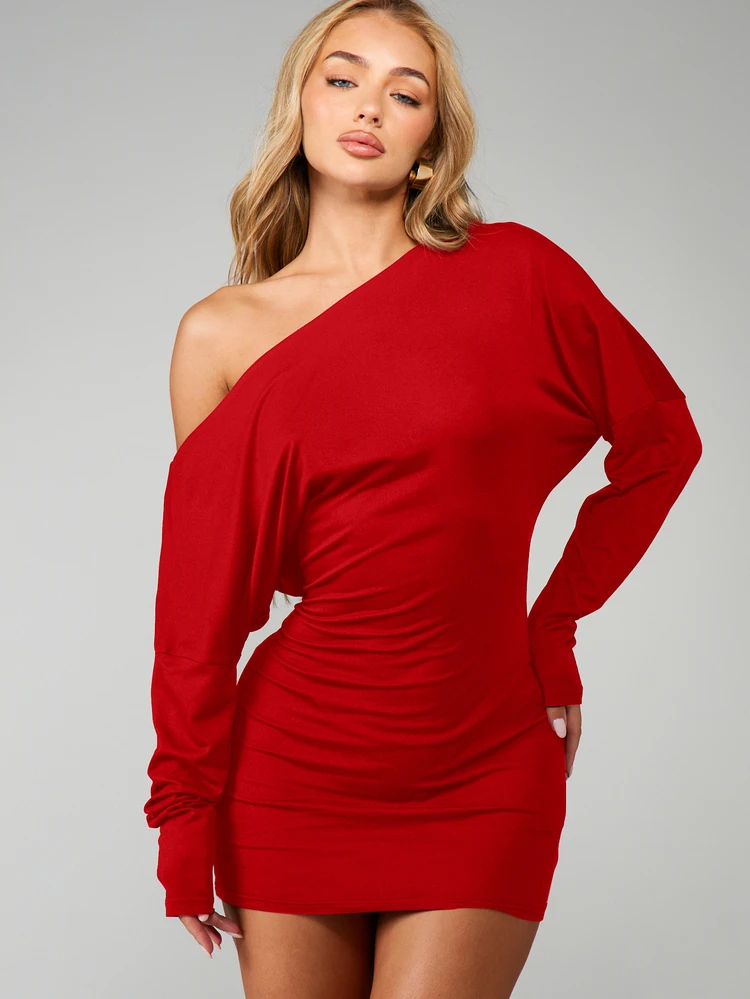 MISSGUIDED Asymmetric One Shoulder Long Sleeve Mini Dress With Ruched Side Detailing Holiday Party Bodycon Style
