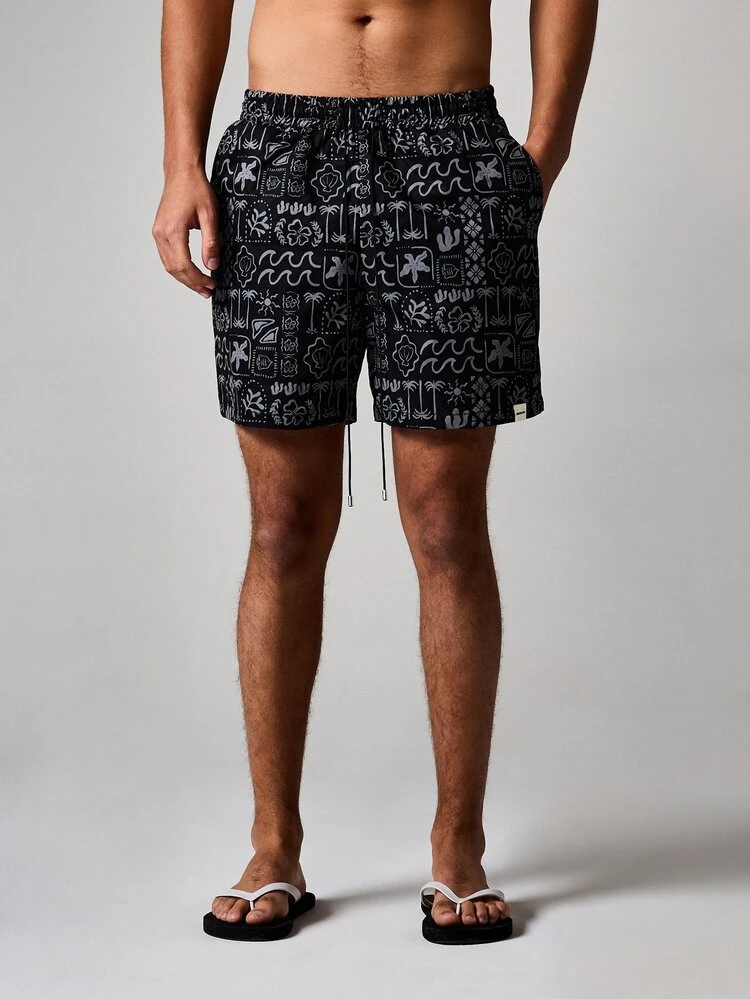 SUMWON Tropical Print Beach Shorts With Nautical Motifs