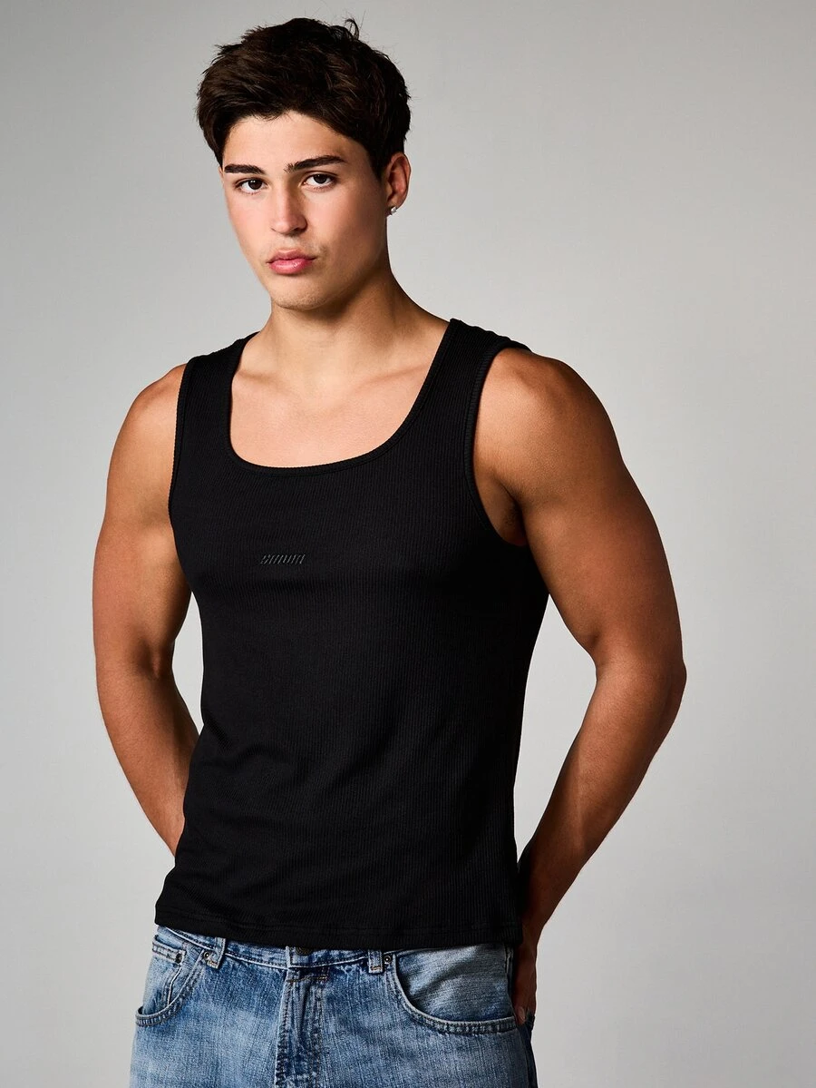 SUMWON Áo tank top cổ vuông màu đen gân, không tay, kiểu dáng thường ngày, thích hợp mặc trong mùa hè, lớp áo cơ bản thiết yếu cho trang phục hàng ngày, vừa vặn thoải mái. - màu đen - Xem 1