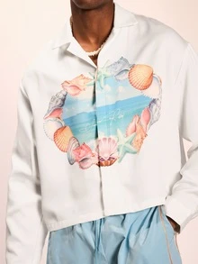 这款修身长袖度假衬衫饰有贝壳海洋印花，采用纽扣前襟设计，适合海滩度假或夏季热带之旅。 - 白色 - 查看 4