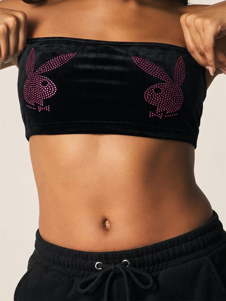 Missguided x Playboy Top bandeau sans bretelles en velours noir avec ornement de lapin strass pour tenue de club, fête et festival