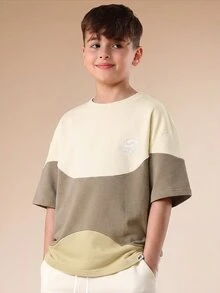 SUMWON Boys Color Block Relaxed Fit Round Neck Short Sleeve Coordinate Set With Drawstring Shorts Summer Casual Wear - Beige - View 3