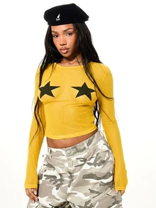 SUMWON WOMEN Long Sleeve Crop Top With Star Print Front Design Fitted Ribbed Casual Streetwear - Yellow - View 6