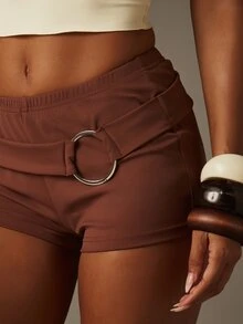 MISSGUIDED High Rise Fitted Brown Hot Pants With Belt Detail And Elastic Waistband Summer Casual Shorts - Brown - View 5