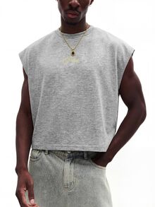SUMWON Casual Loose Fit Sleeveless Tank Top With Script Print Summer Streetwear Essential Relaxed Cut Basic - Grey - View 5