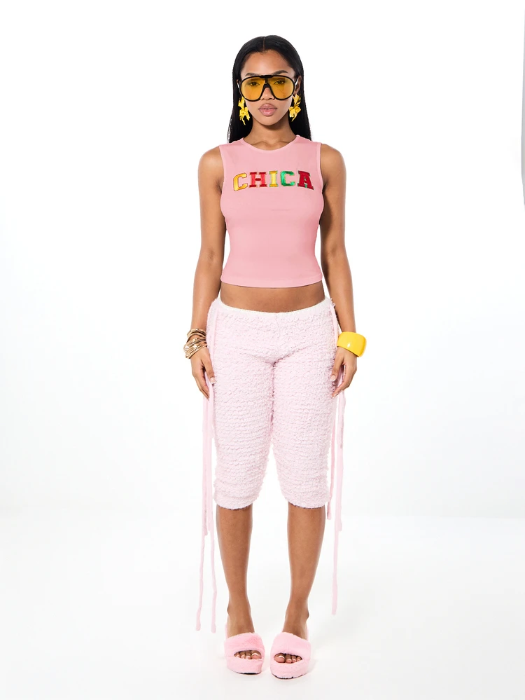 SUMWON WOMEN Cropped Tank Top With Colorful CHICA Embroidered Graphic Text Detail Sleeveless Summer Festival Top