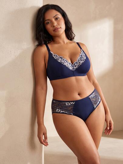  Conjunto de sujetador y pantie de encaje delicado con curvas ELLERISSA, conjunto de lencería azul marino, lencería con adornos de encaje, lencería cómoda de talla grande, lencería para vacaciones, conjunto de sujetador de cobertura total, ropa interior con adornos de encaje con ondas, lencería sexy para mujer