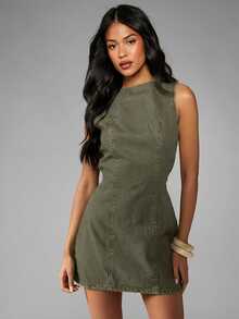 MISSGUIDED Vestido corto de mezclilla sin mangas con escote rasgado y detalle de lazo en la cintura para moda casual de verano - Verde - Ver 6