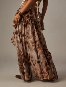 MISSGUIDED 波西米亚豹纹荷叶边层叠高低不对称长裙，松紧腰带设计，适合夏季节日、海滩度假休闲穿着 - 灰色 - 查看 2