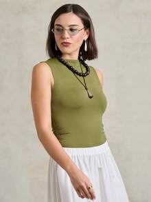Rouah Áo tank top không tay ôm sát màu xanh ô liu, cổ cao, thích hợp mặc nhiều lớp vào mùa hè. - màu xanh lá - Xem 6