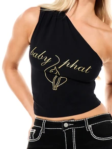 BABYPHAT Top corto de un solo hombro con estampado de logo dorado, diseño ajustado sin mangas, perfecto para salir de noche, fiesta, estilo casual de calle - Negro - Ver 4