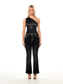 BABYPHAT Top corto de un solo hombro con estampado de logo dorado, diseño ajustado sin mangas, perfecto para salir de noche, fiesta, estilo casual de calle - Negro - Ver 3