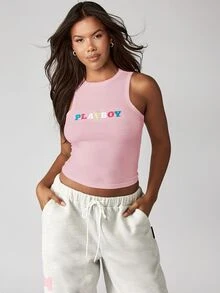 Missguided x Playboy Applique Sleeveless Tank Top Racerback Logo Tee Summer Casual Fashion Statement Top - Baby Pink - View 2