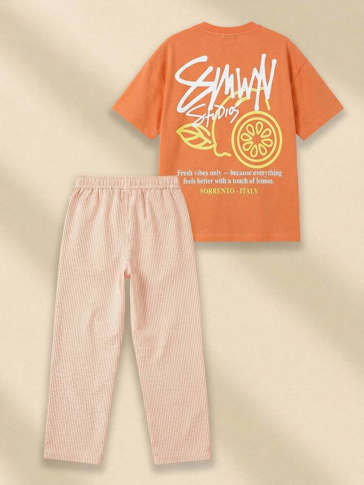 Boys Graffiti Lemon Print T-Shirt With Stripe Pants Two-Piece Summer Casual Tween Outfit Set