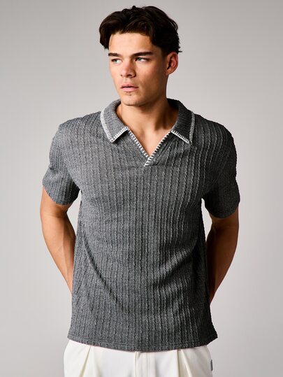 SUMWON Grey Cable Knit Short Sleeve Collared Polo Shirt With Contrast Trim Detail Classic Regular Fit Casual Summer Top