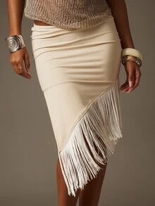 MISSGUIDED 不对称修身流苏下摆中长铅笔裙，适合派对、夜店、晚宴等特殊场合，时尚吸睛单品 - 杏色 - 查看 5
