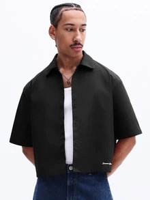 SUMWON Cropped Oversized Button Down Shirt With Spread Collar Short Sleeves Summer Casual Workwear - Black - View 4