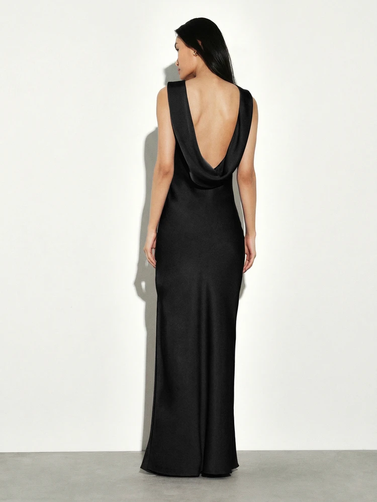 KSTM Sleeveless Draped Open Back Floor Length Formal Evening Maxi Dress With Side Slit