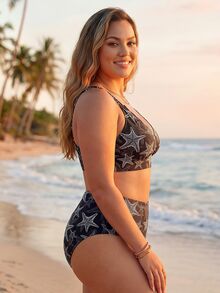ELLERISSA Plus Size Black & White Starfish Print High Waist Cross Strap Back Bikini Set - Black and White - View 3