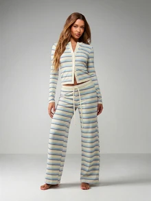 MISSGUIDED 条纹纽扣前开襟休闲开衫，长袖宽松版型，休闲舒适，居家穿着倍感惬意。 - 藍色 - 查看 3