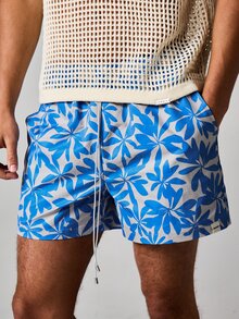 SUMWON 热带树叶印花泳裤，带抽绳腰带，夏季海滩度假速干短裤 - 藍色 - 查看 4