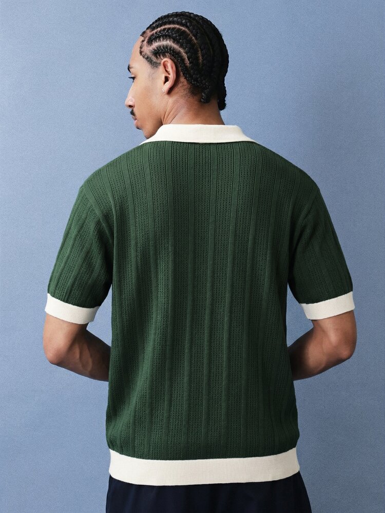 Ribbed Knit Polo Sweater With Contrast Collar And Cuffs Short Sleeve Vintage Style Cricket Tennis Preppy Casual Smart Knitted Top