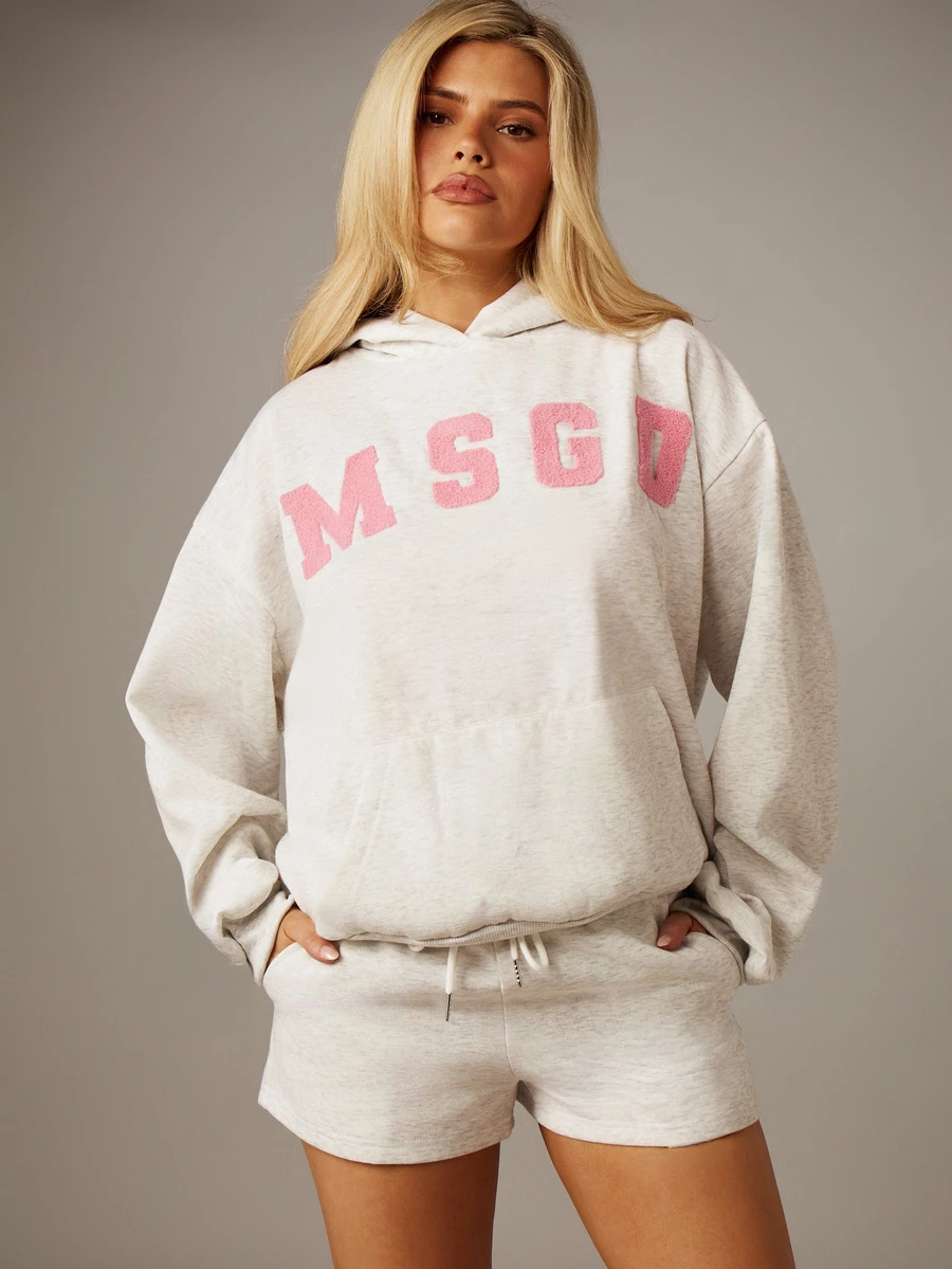 MISSGUIDED Oversized Pullover Hoodie With Pink Applique Logo And Drawstring Hood For Casual Fall Winter Streetwear - Light Grey - View 1