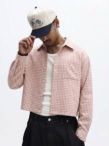 SUMWON Lightweight Checkered Overshirt Spring Summer Button Down Relaxed Fit Casual Short Sleeve Pink Gingham Men Top - Pink - View 2