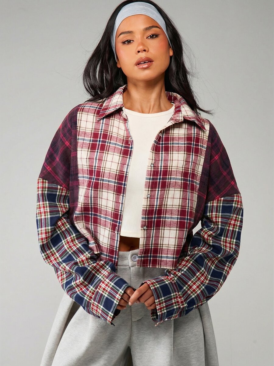 MISSGUIDED 超大款拼接格纹法兰绒长袖衬衫,翻领设计,秋冬休闲街头风。 - 彩色 - 查看 1
