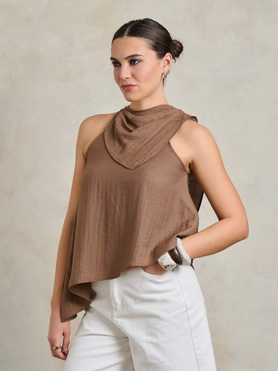 Rouah Women's Shades Of Brown Draped Halter Top Sleeveless Asymmetrical Cowl Neck Blouse With Open Back Detail Sophisticated Tropical Minimalist Style - Brown - View 1
