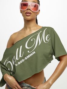 SUMWON WOMEN Off Shoulder Cropped Graphic Tee With Text Print Asymmetrical Neckline Short Sleeves Spring Summer Casual Top - Green - View 6